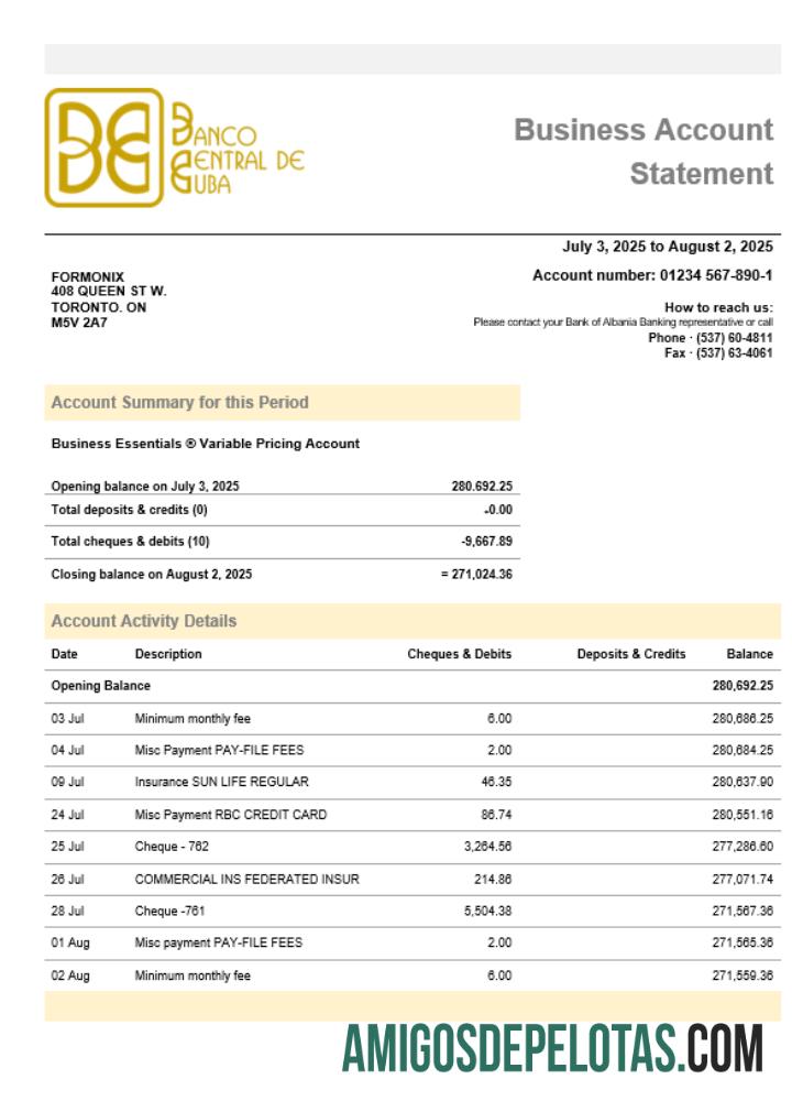 Banco Central De Cuban Banco Empresarial Extrato de Conta Word Snd Formato PDF exemplo real